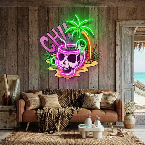 Skull Head Chill With Weed LED Neon Sign Light Pop Art