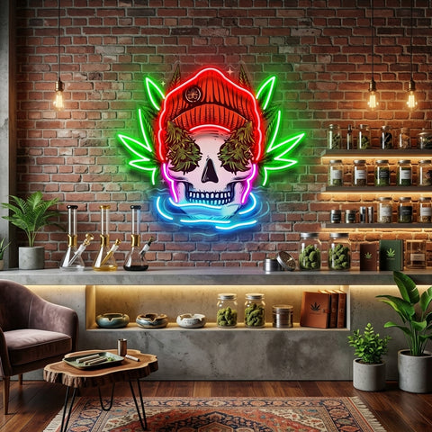 Skull Head With Bennie Hat And Weed LED Neon Sign Light Pop Art