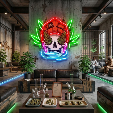 Skull Head With Bennie Hat And Weed LED Neon Sign Light Pop Art