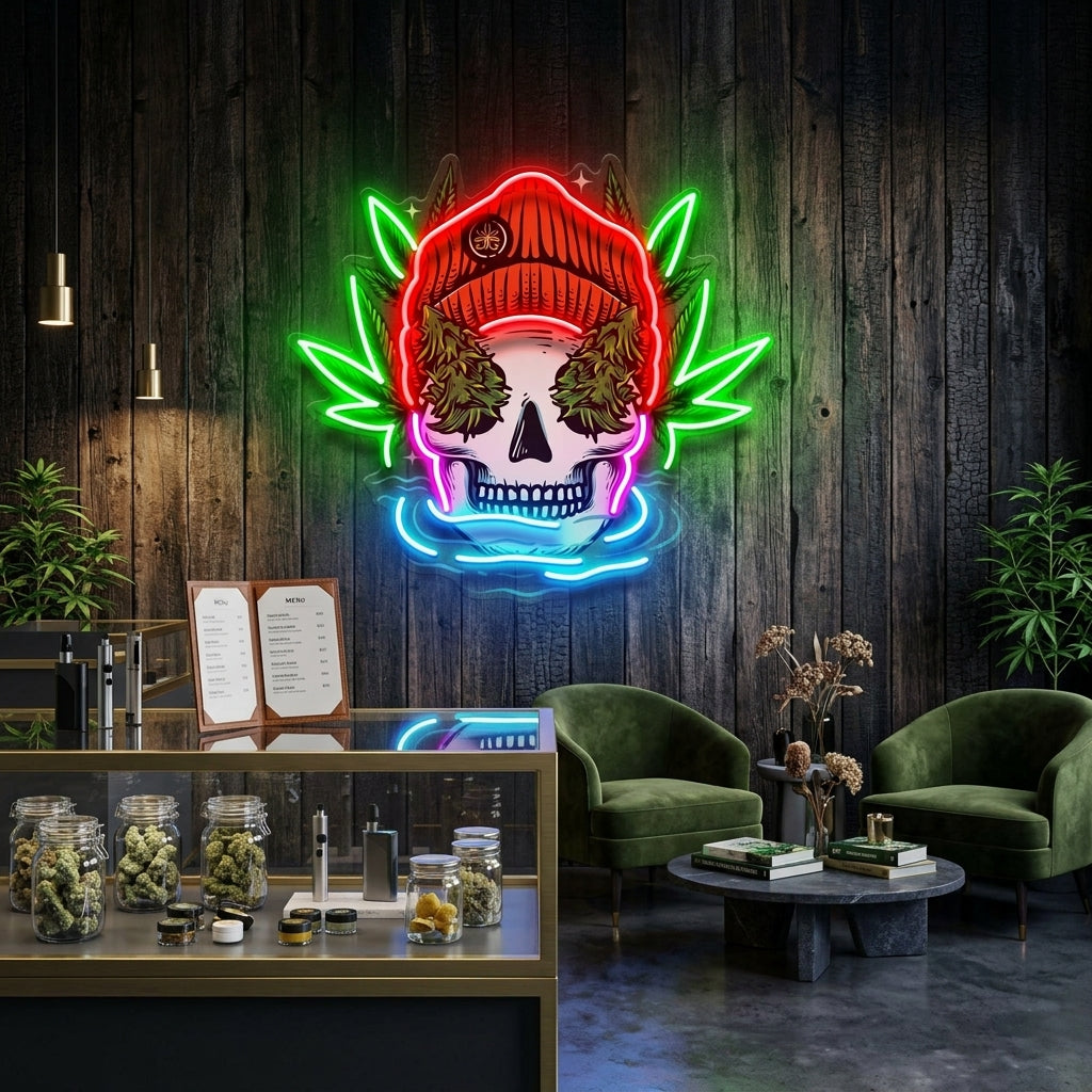 Skull Head With Bennie Hat And Weed LED Neon Sign Light Pop Art