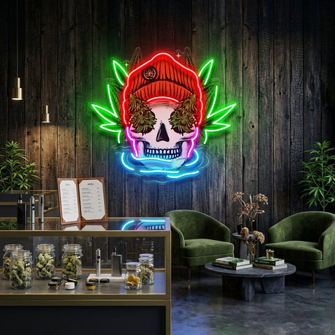 Skull Head With Bennie Hat And Weed LED Neon Sign Light Pop Art