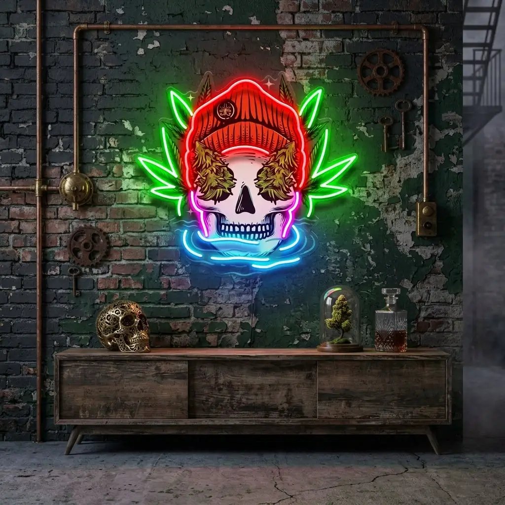 Skull Head With Bennie Hat And Weed LED Neon Sign Light Pop Art