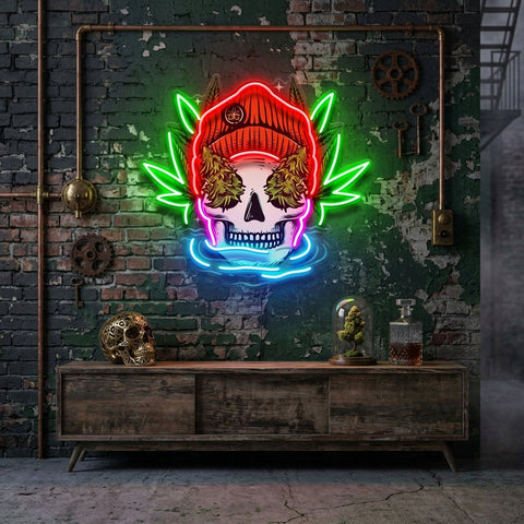 Skull Head With Bennie Hat And Weed LED Neon Sign Light Pop Art
