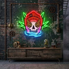 Skull Head With Bennie Hat And Weed LED Neon Sign Light Pop Art