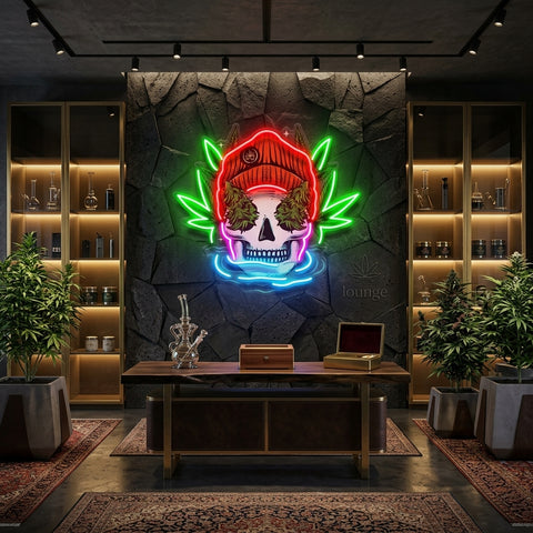 Skull Head With Bennie Hat And Weed LED Neon Sign Light Pop Art