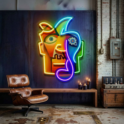 Square Face Man Portrait Painting Abstract Art LED Neon Sign Light Pop Art