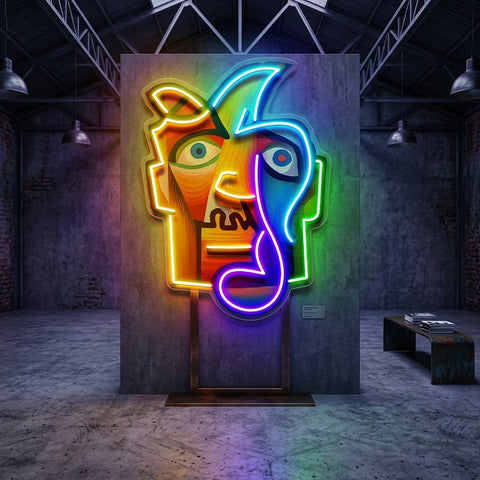 Square Face Man Portrait Painting Abstract Art LED Neon Sign Light Pop Art