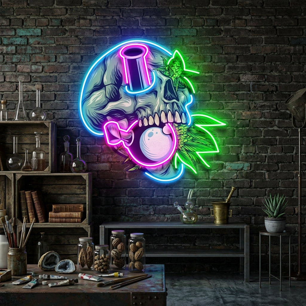 Stone Skull With Weed Bong LED Neon Sign Light Pop Art