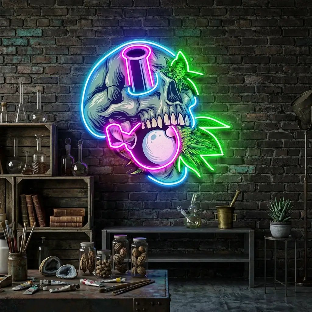 Stone Skull With Weed Bong LED Neon Sign Light Pop Art