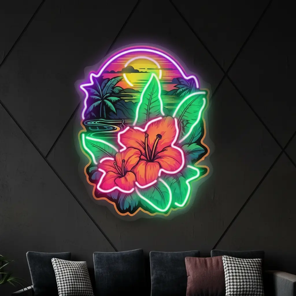 Sunset and Flower Led Neon Sign Palm Neon Sign