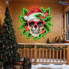 Holly Jolly Skull: Santa in Bloom Neon Sign Light Artwork