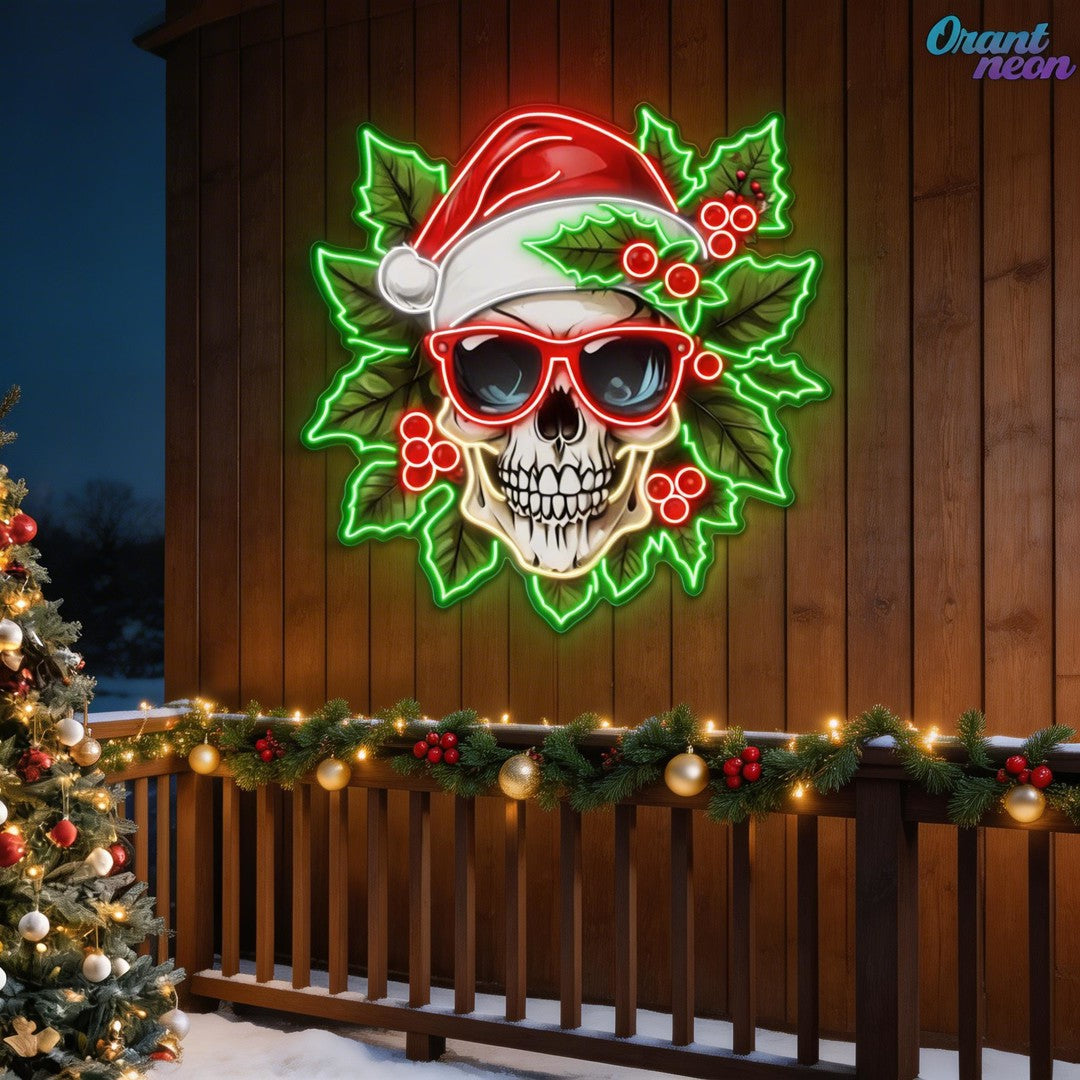 Holly Jolly Skull: Santa in Bloom Neon Sign Light Artwork
