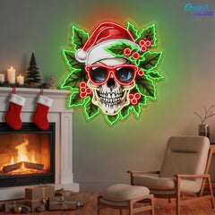 Holly Jolly Skull: Santa in Bloom Neon Sign Light Artwork
