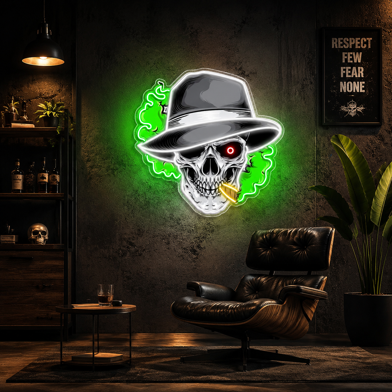 Skull, Hat & Smoke in the Neon Glow Neon Sign Light Artwork