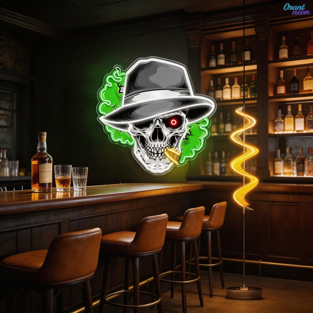 Skull, Hat & Smoke in the Neon Glow Neon Sign Light Artwork