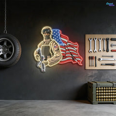 The American Pride - Soldier holds Gun and USA Flag Neon Sign Light Artwork
