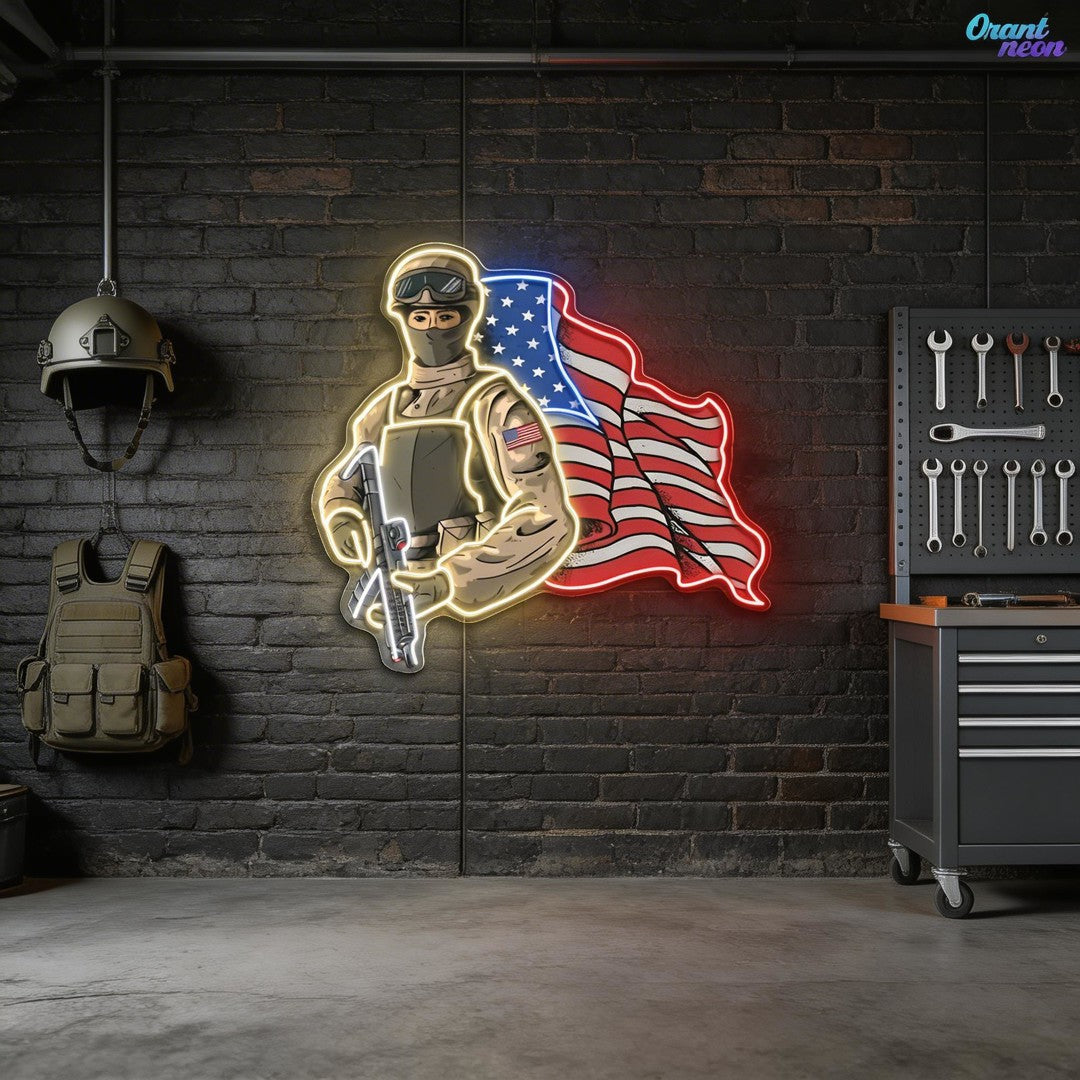 The American Pride - Soldier holds Gun and USA Flag Neon Sign Light Artwork