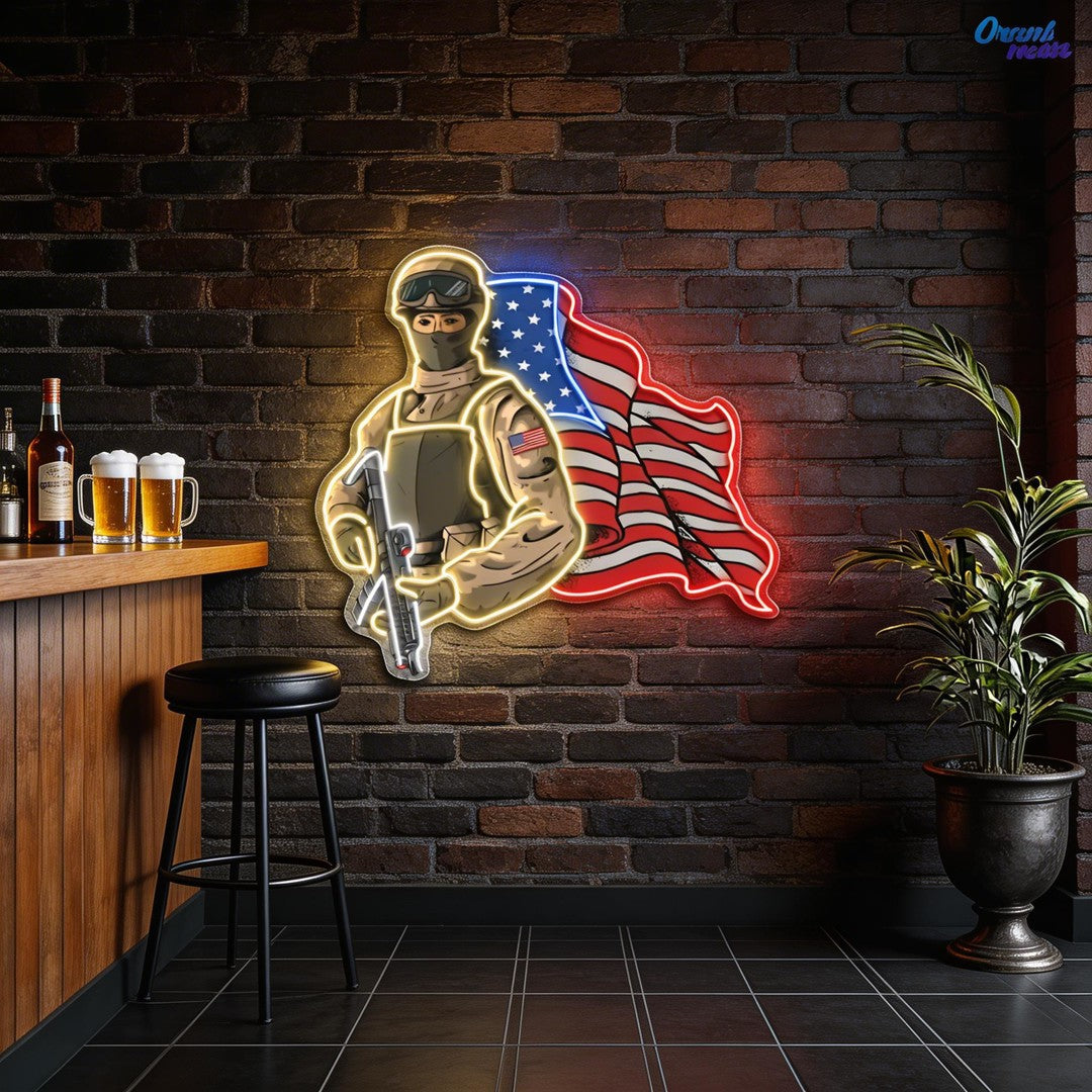 The American Pride - Soldier holds Gun and USA Flag Neon Sign Light Artwork