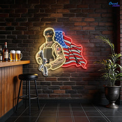 The American Pride - Soldier holds Gun and USA Flag Neon Sign Light Artwork