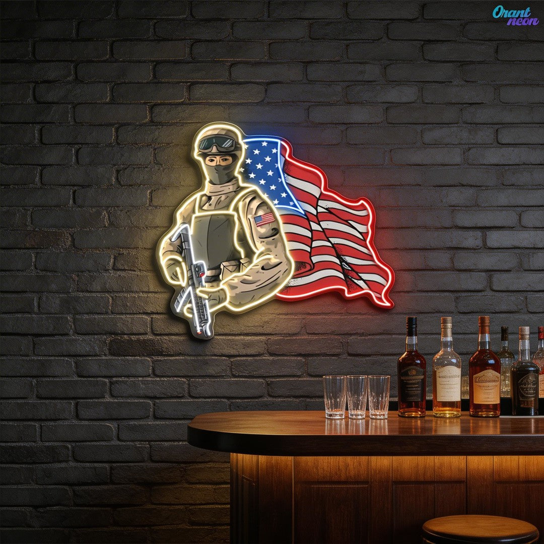 The American Pride - Soldier holds Gun and USA Flag Neon Sign Light Artwork