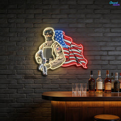 The American Pride - Soldier holds Gun and USA Flag Neon Sign Light Artwork