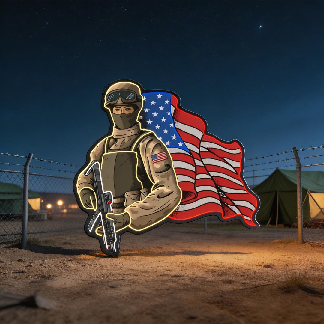 The American Pride - Soldier holds Gun and USA Flag Neon Sign Light Artwork