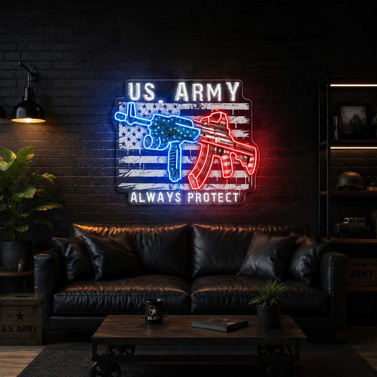 US Army - ArmaLite Rifle Gun and American Flag Neon Sign Light Artwork