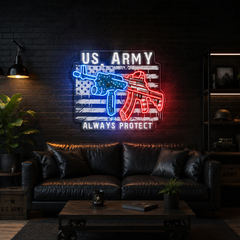 US Army - ArmaLite Rifle Gun and American Flag Neon Sign Light Artwork