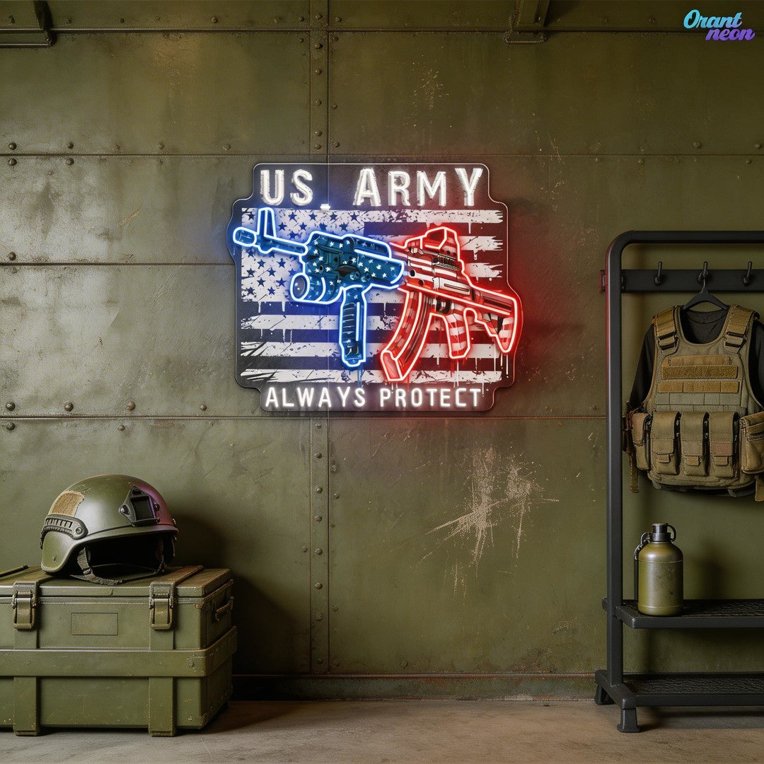 US Army - ArmaLite Rifle Gun and American Flag Neon Sign Light Artwork