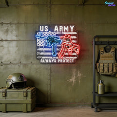 US Army - ArmaLite Rifle Gun and American Flag Neon Sign Light Artwork