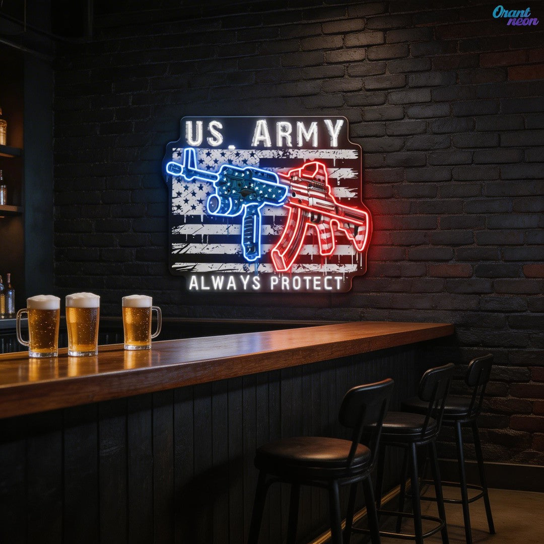 US Army - ArmaLite Rifle Gun and American Flag Neon Sign Light Artwork