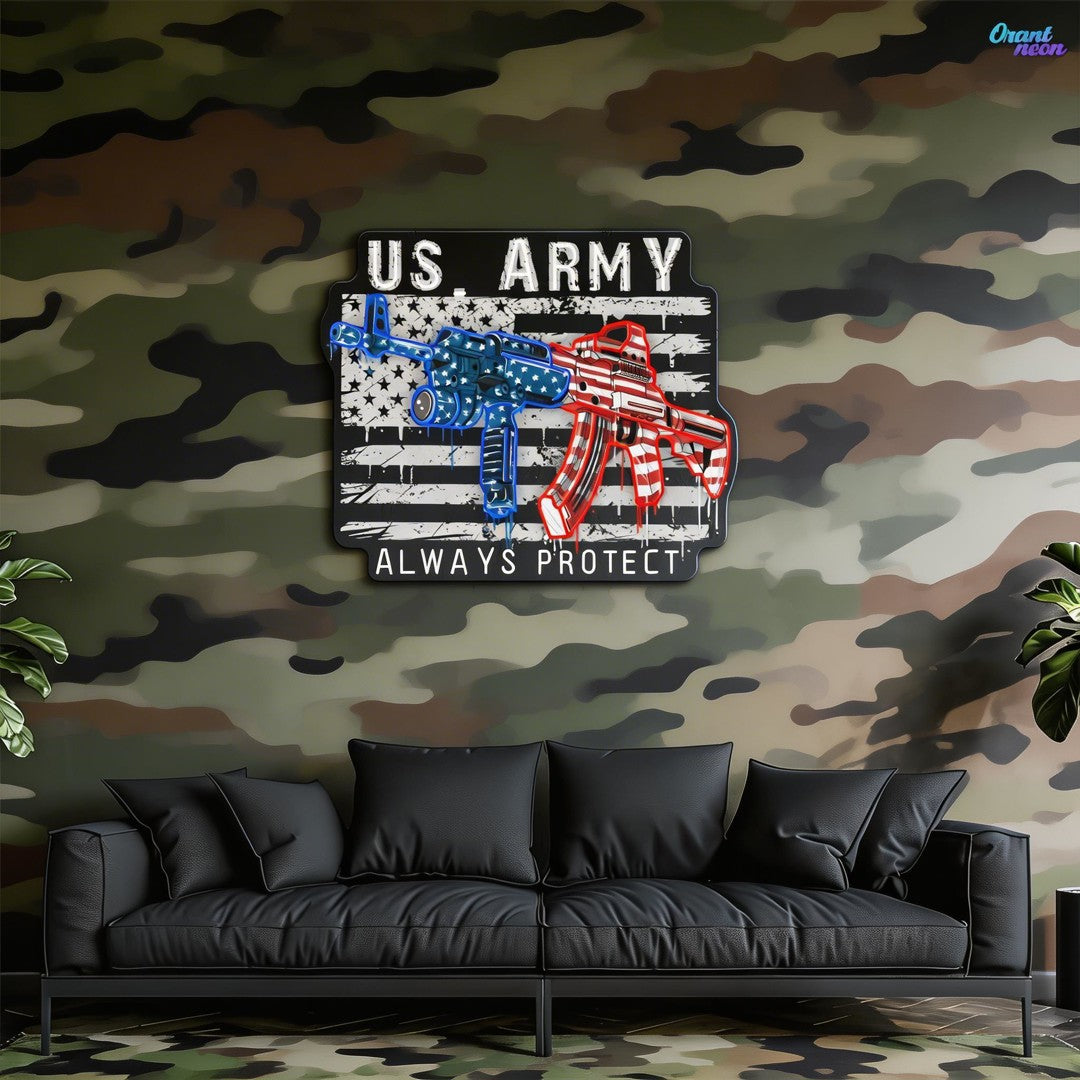 US Army - ArmaLite Rifle Gun and American Flag Neon Sign Light Artwork