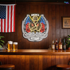 Angel Soldier hold Short Guns raise America Flags Neon Sign Light Artwork