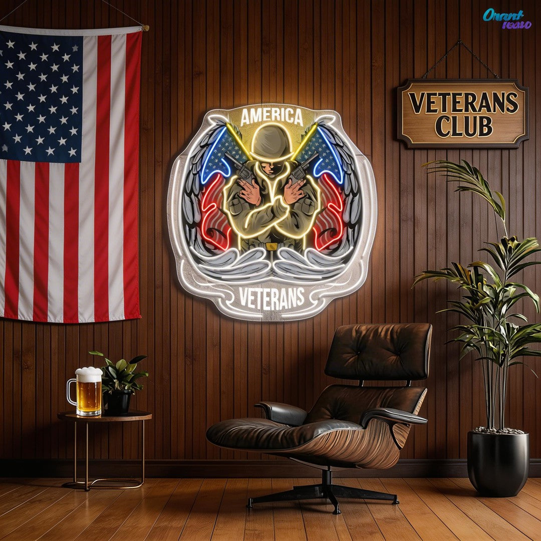 Angel Soldier hold Short Guns raise America Flags Neon Sign Light Artwork