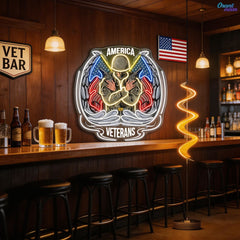 Angel Soldier hold Short Guns raise America Flags Neon Sign Light Artwork