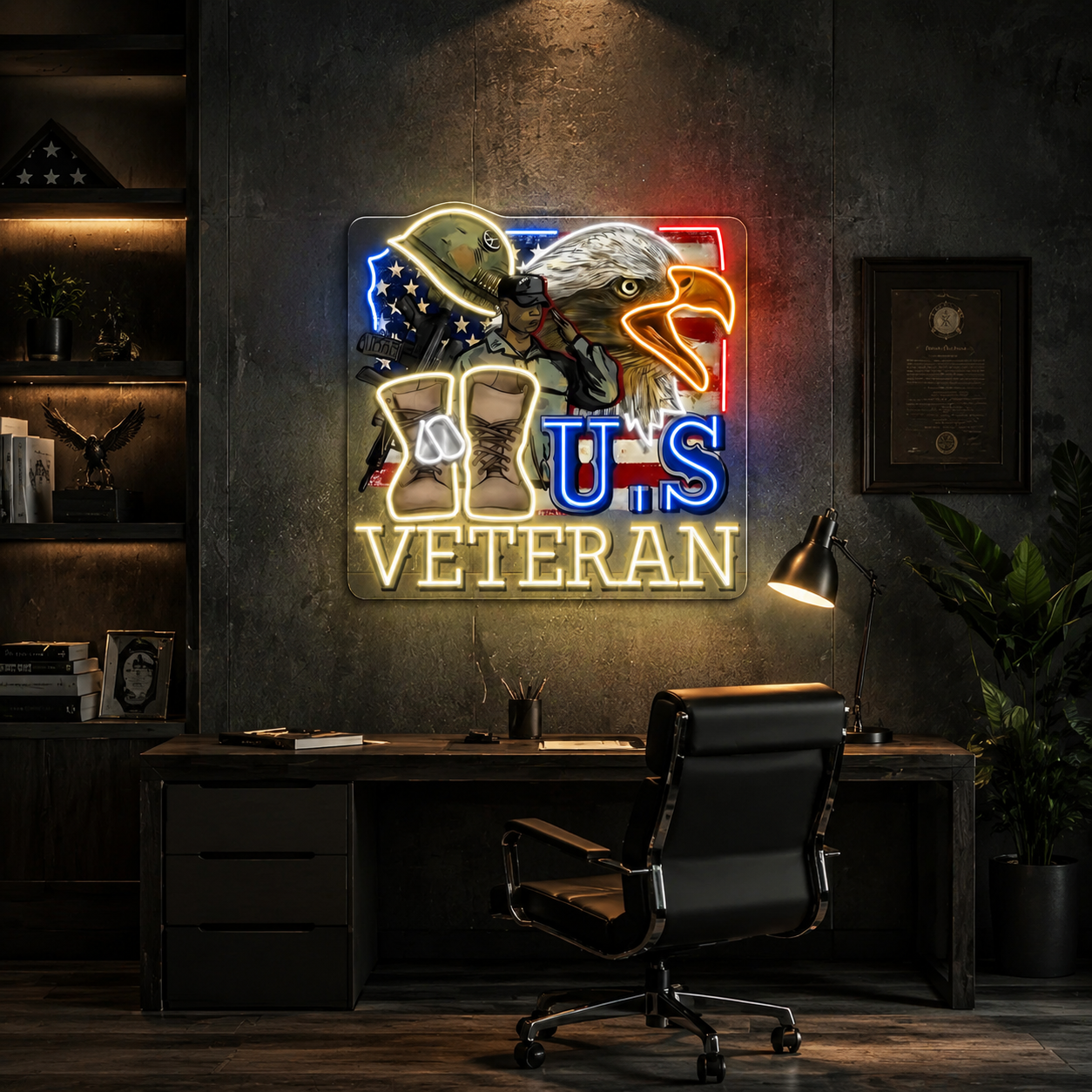 Eagle, Helmet, Gun and Boots gift for US Veteran Neon Sign Light Artwork