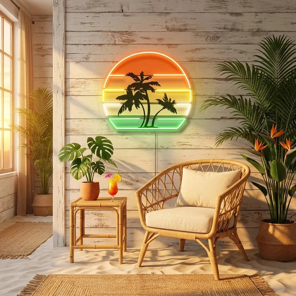 Tropical Palm Trees Retro Vintage Sunset Artwork Led Neon Sign Light
