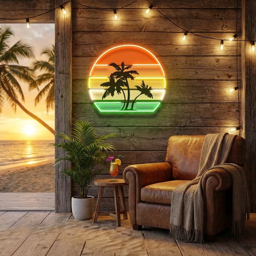 Tropical Palm Trees Retro Vintage Sunset Artwork Led Neon Sign Light
