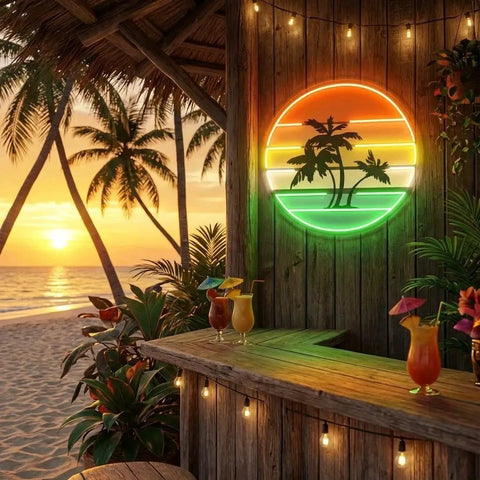 Tropical Palm Trees Retro Vintage Sunset Artwork Led Neon Sign Light