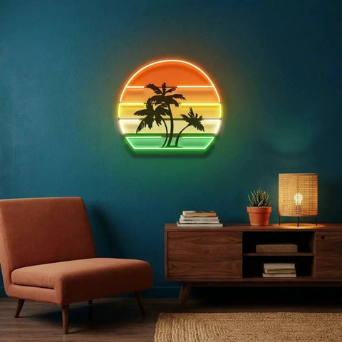 Tropical Palm Trees Retro Vintage Sunset Artwork Led Neon Sign Light
