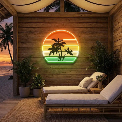 Tropical Palm Trees Retro Vintage Sunset Artwork Led Neon Sign Light