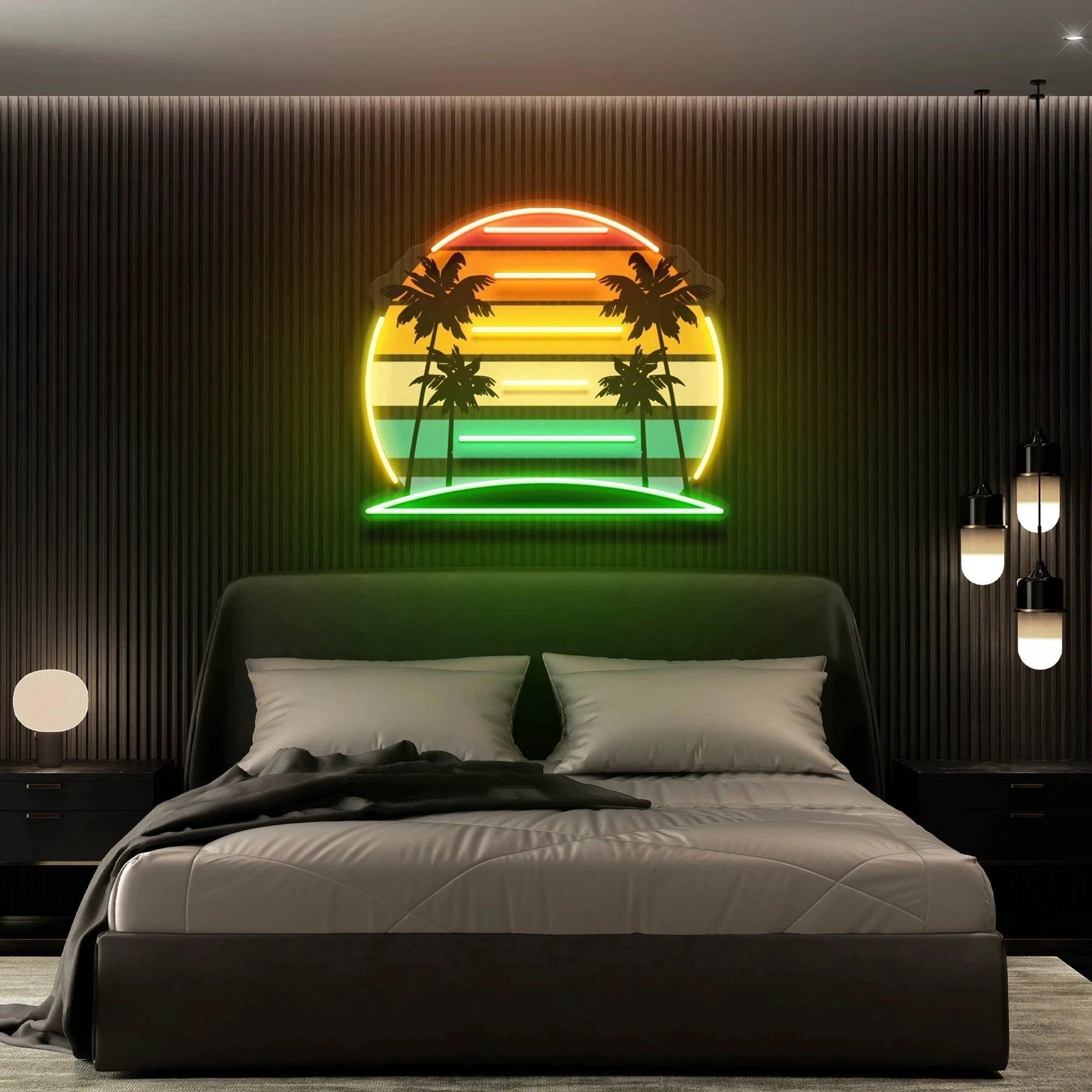 Tropical Retro Vintage Sunset Palm Tree Artwork Led Neon Sign Light