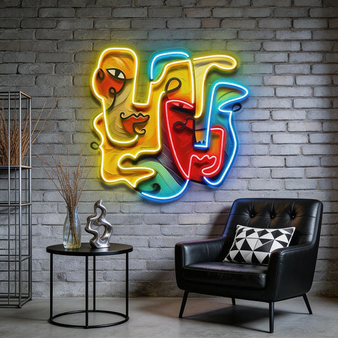 Two Quirky Faces Abstract Art LED Neon Sign Light Pop Art
