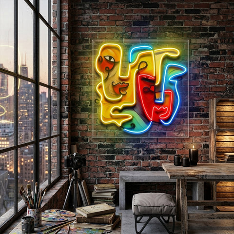 Two Quirky Faces Abstract Art LED Neon Sign Light Pop Art