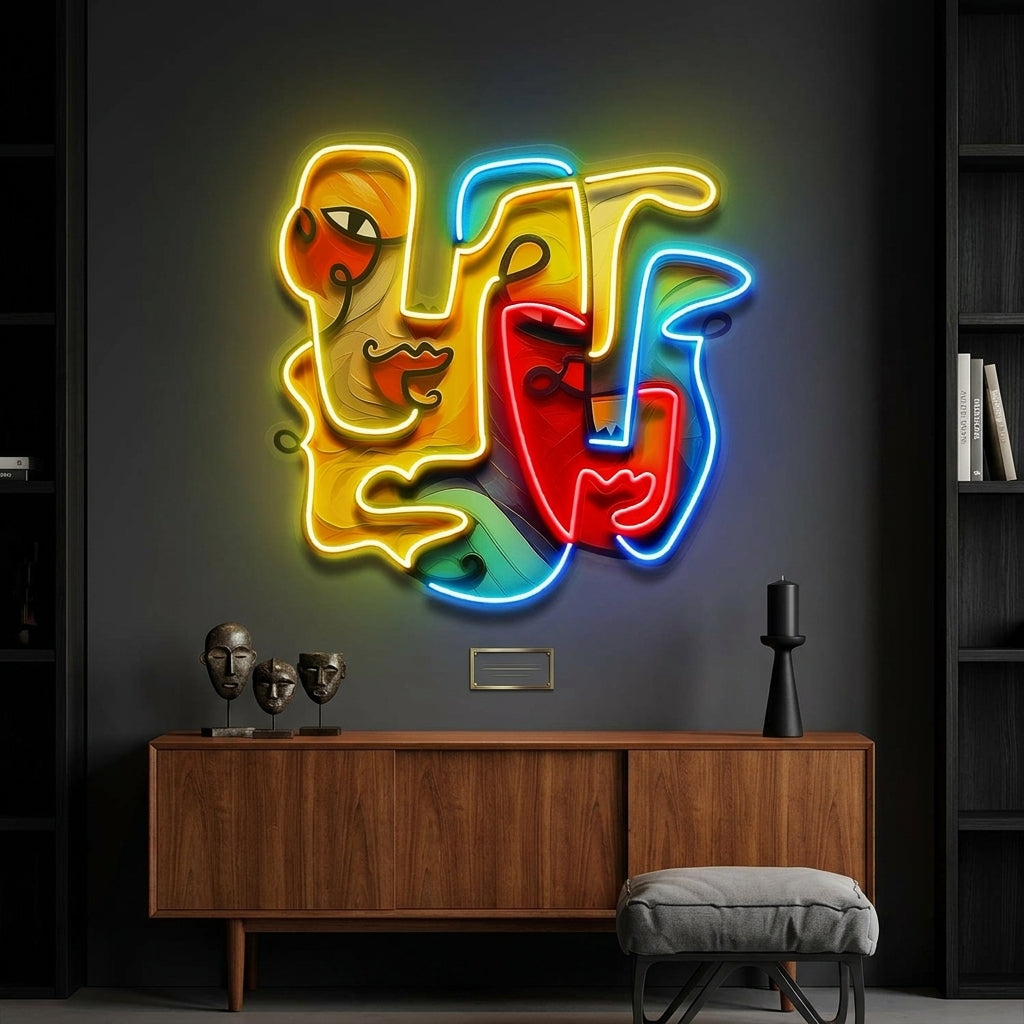 Two Quirky Faces Abstract Art LED Neon Sign Light Pop Art