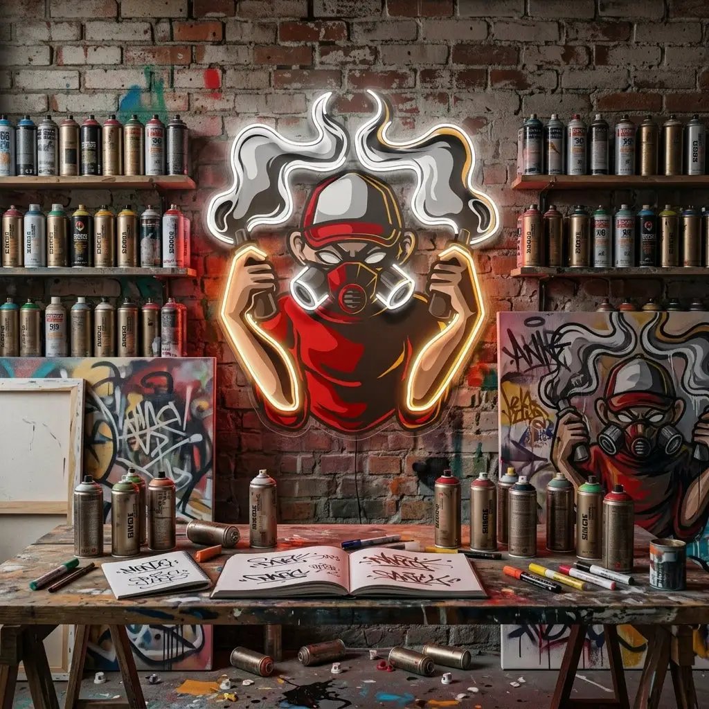 Urban Boy With A Gas Mask LED Neon Sign Light Pop Art