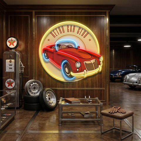 Vector Retro Car Label LED Neon Sign Light Pop Art