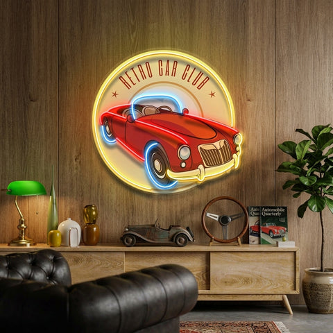 Vector Retro Car Label LED Neon Sign Light Pop Art