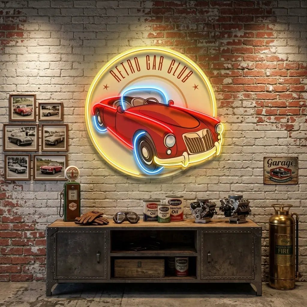 Vector Retro Car Label LED Neon Sign Light Pop Art