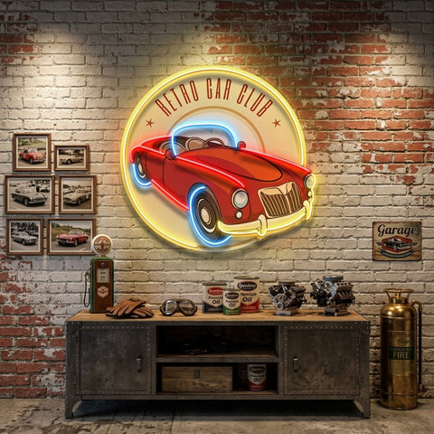Vector Retro Car Label LED Neon Sign Light Pop Art